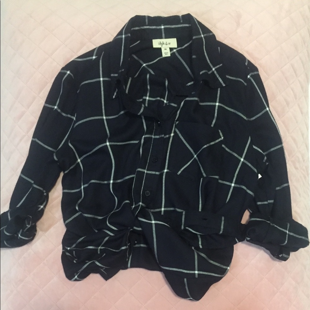 Petite M Navy Windowpane Plaid Check Shirt NWT